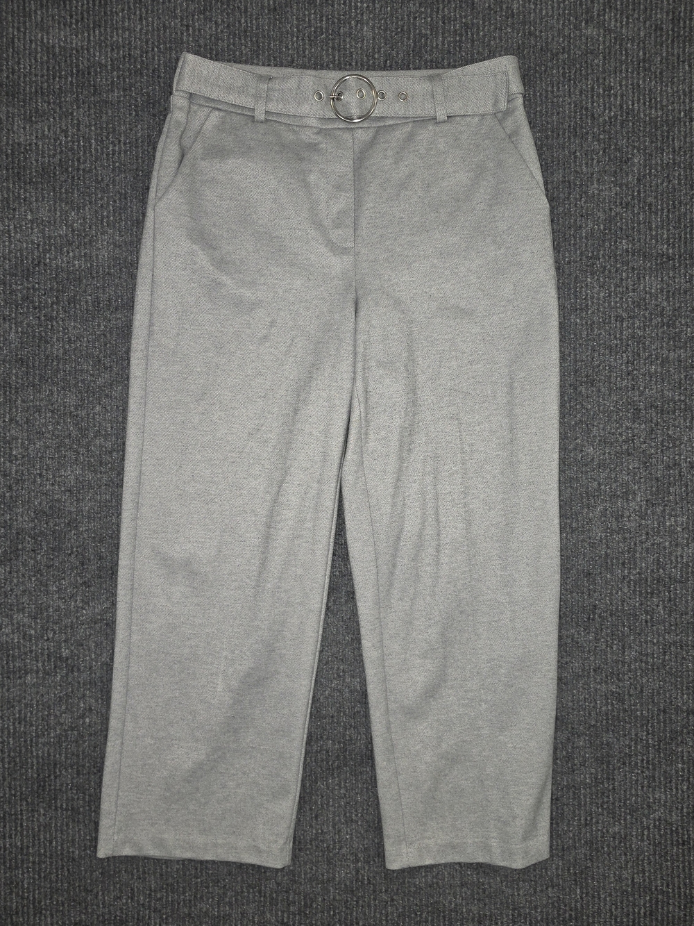 Women's Light Gray High-Rise Straight Trousers with Ring Belt
